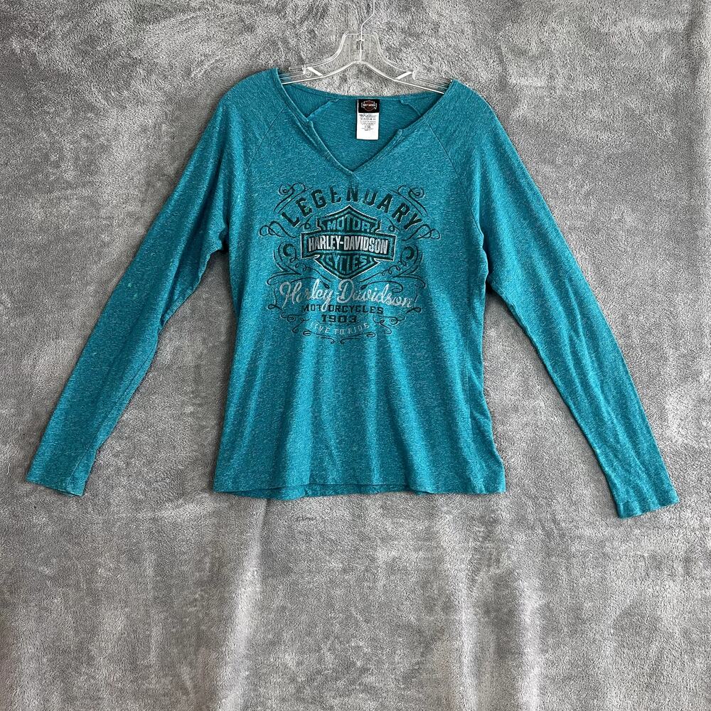 Harley Davidson Long Sleeve Tee Shirt Womens M Teal Grunge Biker